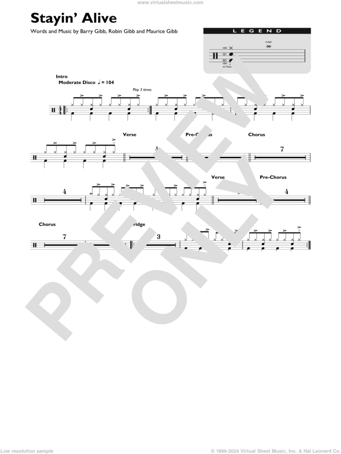 Stayin' Alive sheet music for drums (percussions) by Bee Gees, Barry Gibb, Maurice Gibb and Robin Gibb, intermediate skill level