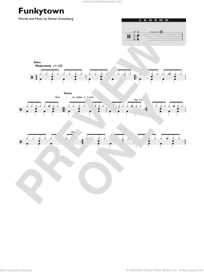 Funkytown sheet music for drums (percussions) by Lipps Inc. and Steven Greenberg, intermediate skill level