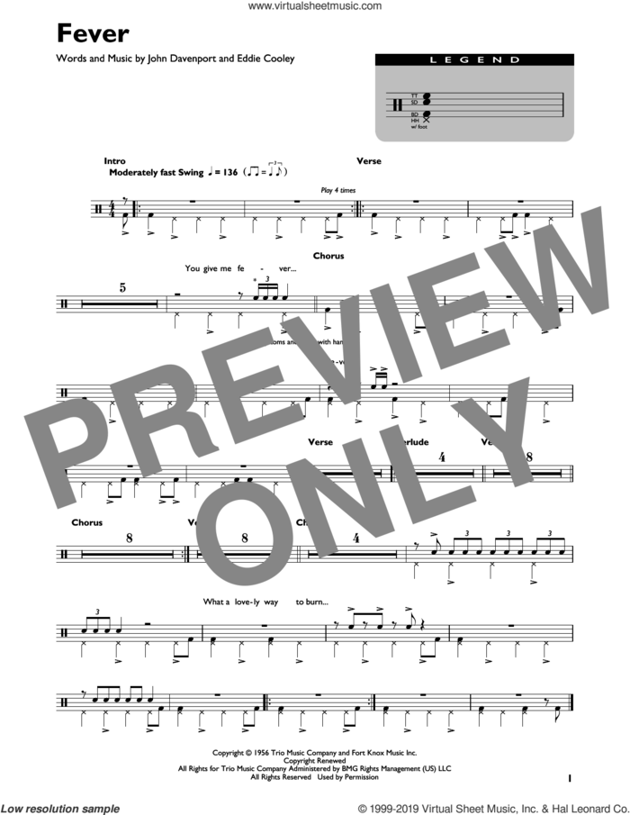 Fever sheet music for drums (percussions) by Peggy Lee, Eddie Cooley and John Davenport, intermediate skill level