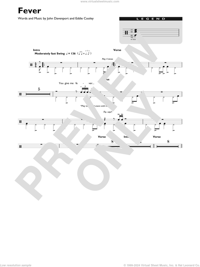 Fever sheet music for drums (percussions) by Peggy Lee, Eddie Cooley and John Davenport, intermediate skill level