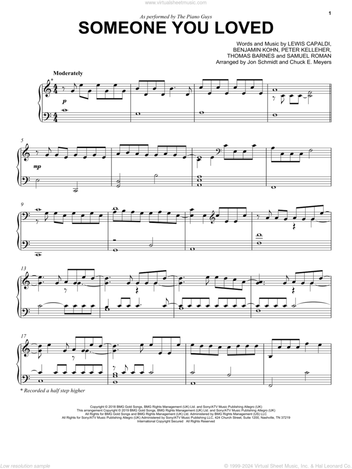 Someone You Loved sheet music for piano solo by The Piano Guys, Benjamin Kohn, Lewis Capaldi, Peter Kelleher, Samuel Roman and Thomas Barnes, intermediate skill level