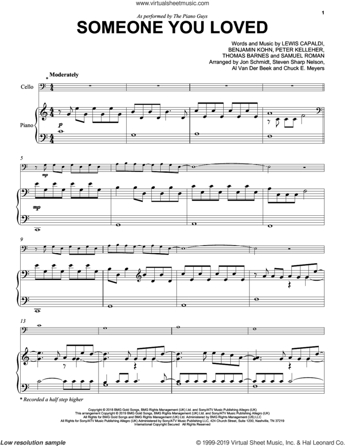 Someone You Loved sheet music for cello and piano by The Piano Guys, Benjamin Kohn, Lewis Capaldi, Peter Kelleher, Samuel Roman and Thomas Barnes, intermediate skill level