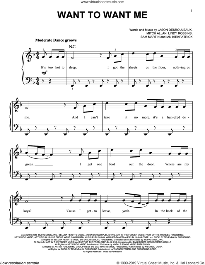 Want To Want Me sheet music for piano solo by Jason Derulo, Ian Kirkpatrick, Jason Desrouleaux, Lindy Robbins, Mitch Allan and Samuel Martin, easy skill level