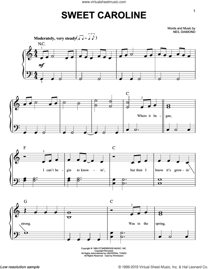 Sweet Caroline sheet music for piano solo by Neil Diamond, easy skill level