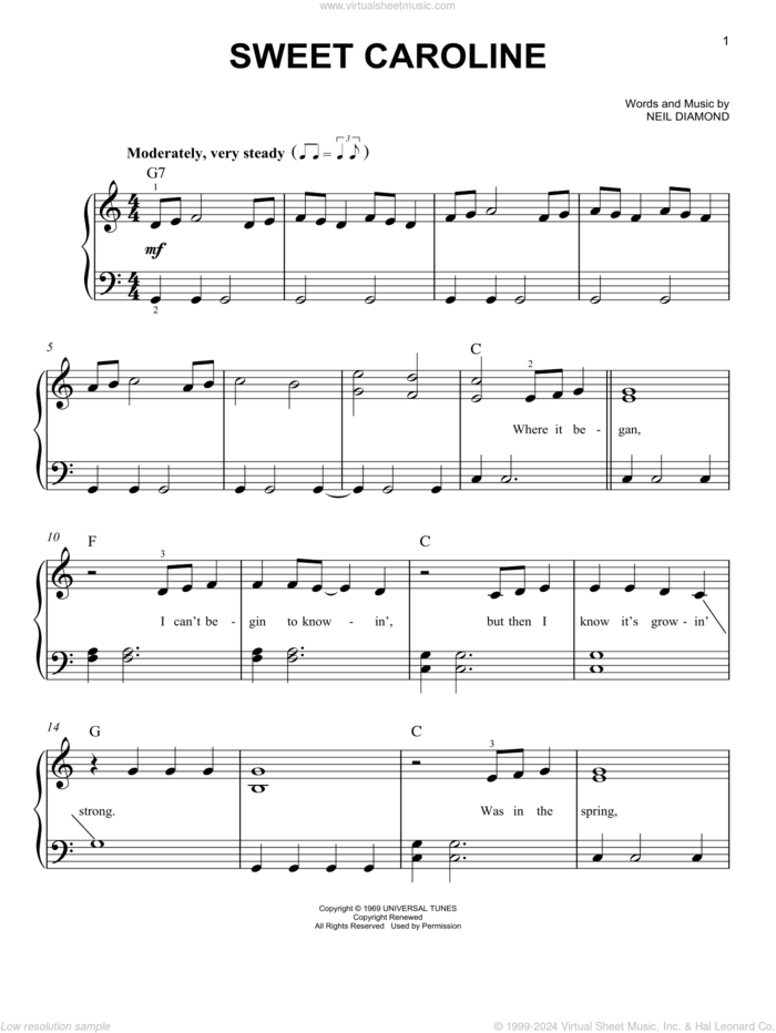 Sweet Caroline sheet music for piano solo by Neil Diamond, easy skill level