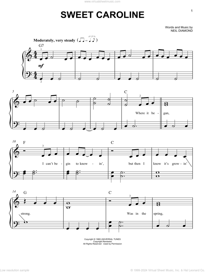 Sweet Caroline sheet music for piano solo by Neil Diamond, easy skill level