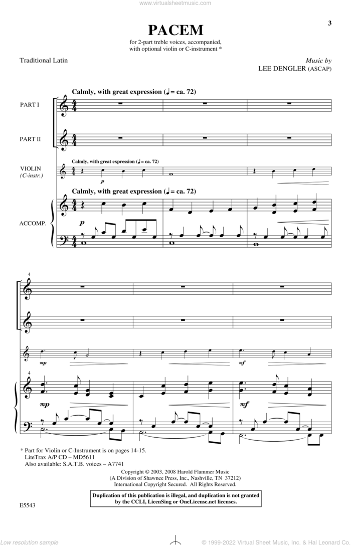 Pacem sheet music for choir (2-Part) by Lee Dengler, intermediate duet