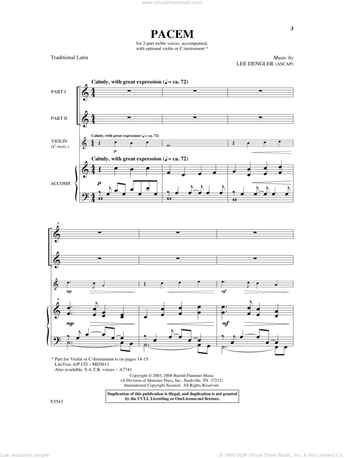 Pacem sheet music for choir (2-Part) by Lee Dengler, intermediate duet