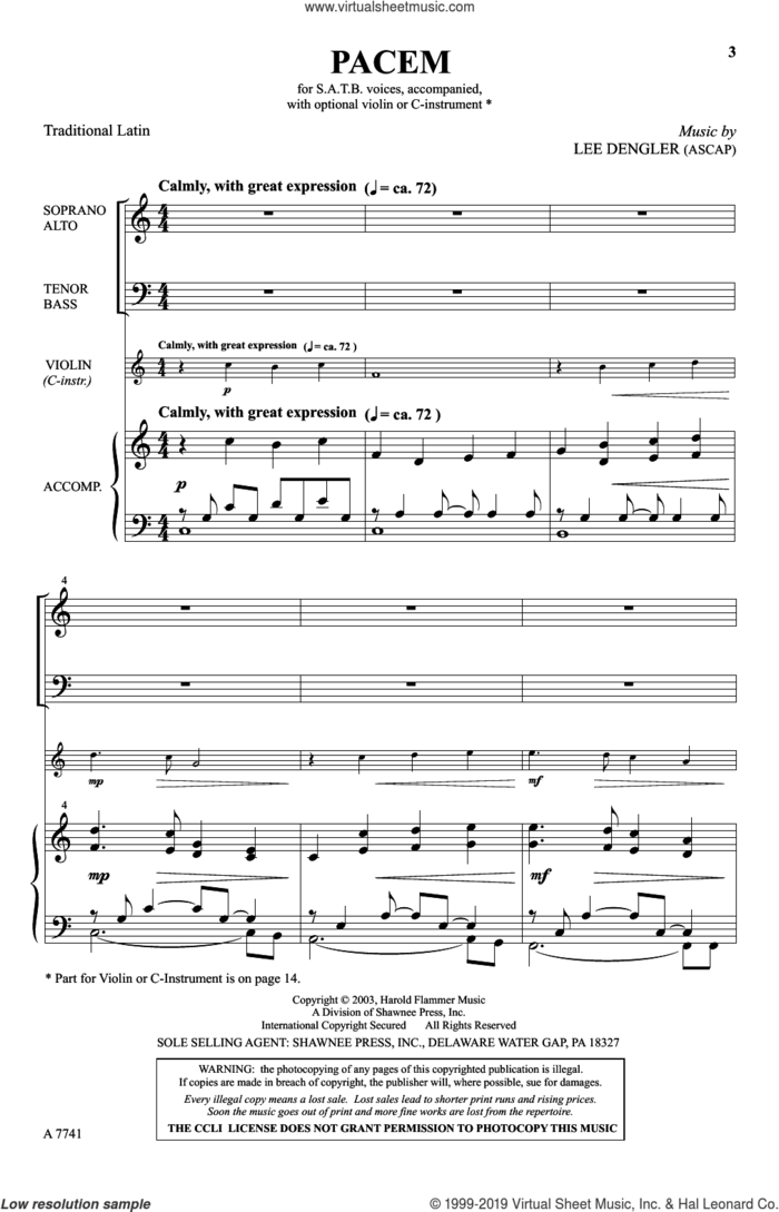 Pacem sheet music for choir (SATB: soprano, alto, tenor, bass) by Lee Dengler, intermediate skill level