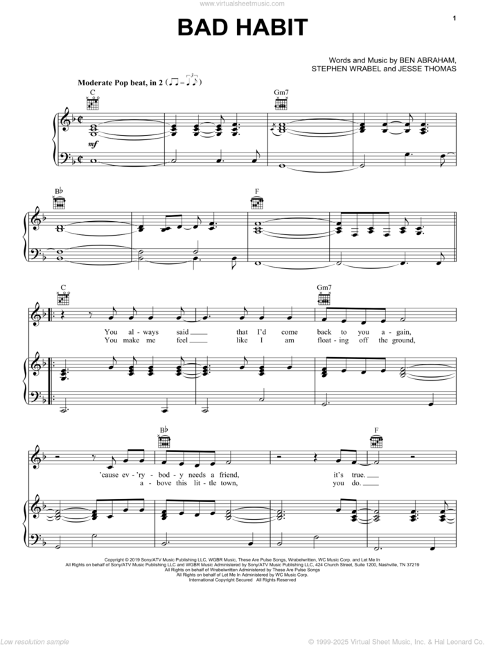 Bad Habit sheet music for voice, piano or guitar by Ben Platt, Ben Abraham, Jesse Thomas and Stephen Wrabel, intermediate skill level