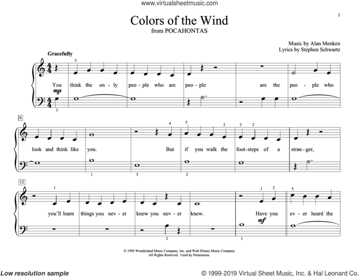 Colors Of The Wind (from Pocahontas) (arr. Christopher Hussey) sheet music for piano solo (elementary) by Alan Menken & Stephen Schwartz, Christopher Hussey, Alan Menken and Stephen Schwartz, beginner piano (elementary)