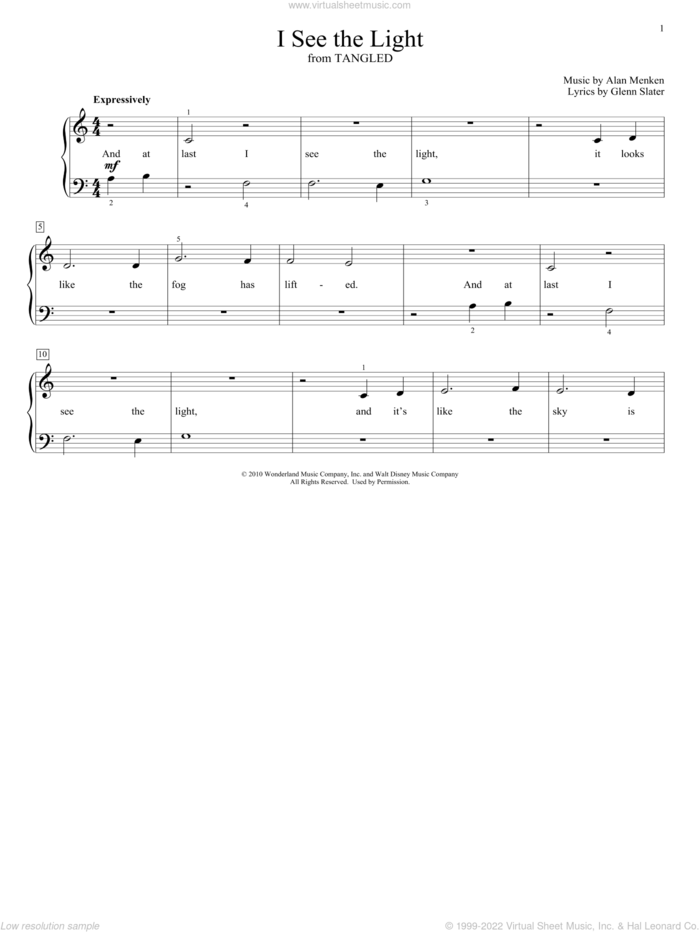 I See The Light (from Tangled) (arr. Christopher Hussey) sheet music for piano solo (elementary) by Alan Menken, Christopher Hussey and Glenn Slater, beginner piano (elementary)