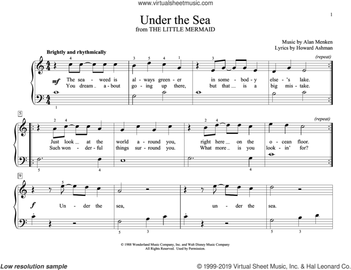 Under The Sea (from The Little Mermaid) (arr. Christopher Hussey) sheet music for piano solo (elementary) by Alan Menken, Christopher Hussey and Howard Ashman, beginner piano (elementary)
