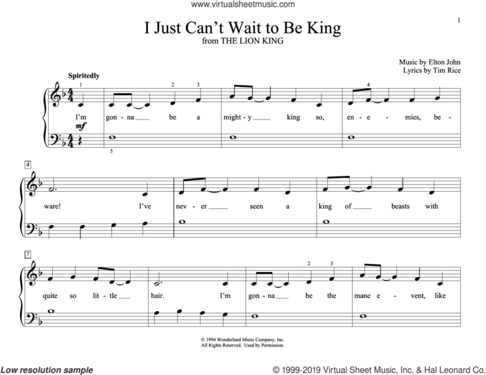 I Just Can't Wait To Be King (from The Lion King) (arr. Christopher Hussey) sheet music for piano solo (elementary) by Elton John, Christopher Hussey and Tim Rice, beginner piano (elementary)