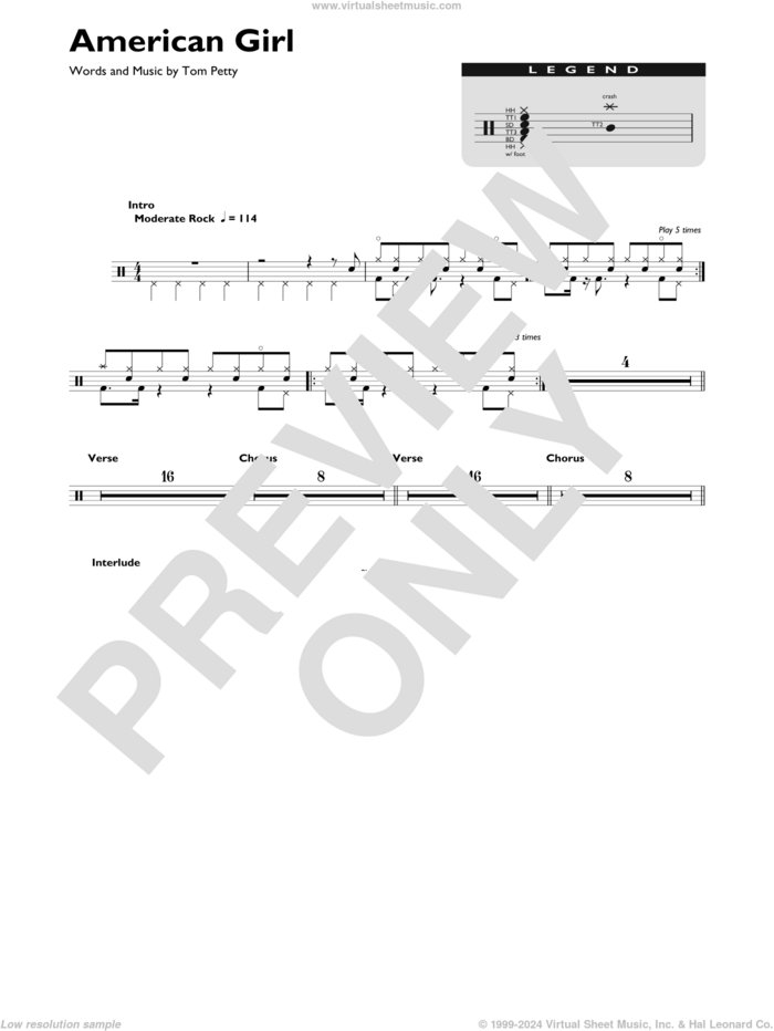 American Girl sheet music for drums (percussions) by Tom Petty and the Heartbreakers and Tom Petty, intermediate skill level