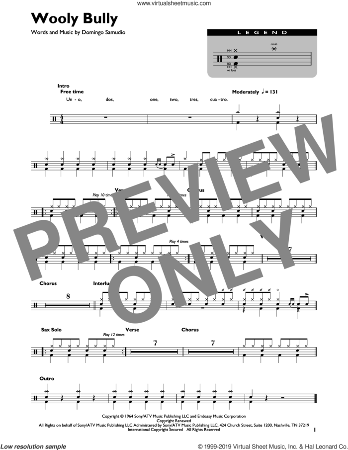 Wooly Bully sheet music for drums (percussions) by Sam The Sham & The Pharaohs and Domingo Samudio, intermediate skill level