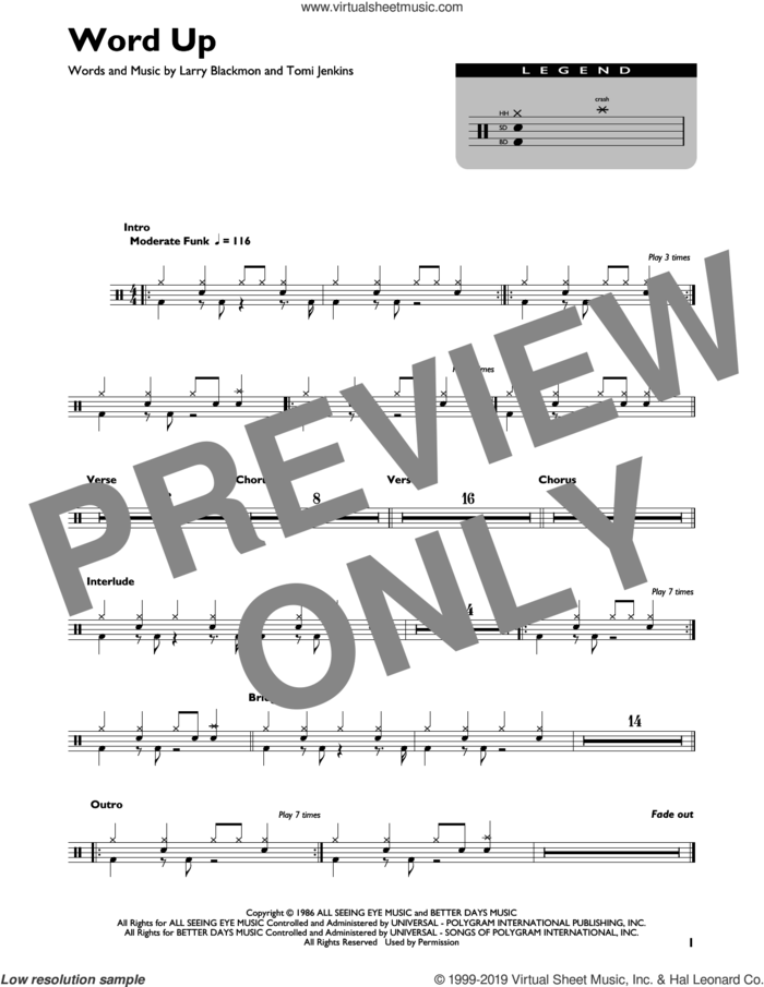 Word Up sheet music for drums (percussions) by Cameo, Larry Blackmon and Tomi Jenkins, intermediate skill level