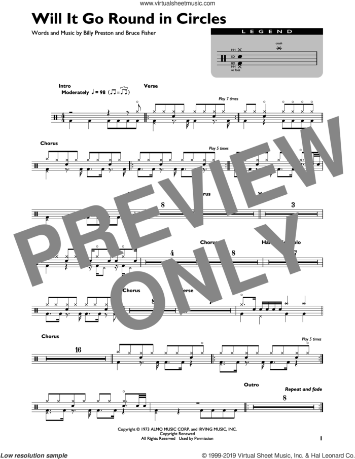 Will It Go Round In Circles sheet music for drums (percussions) by Billy Preston and Bruce Fisher, intermediate skill level