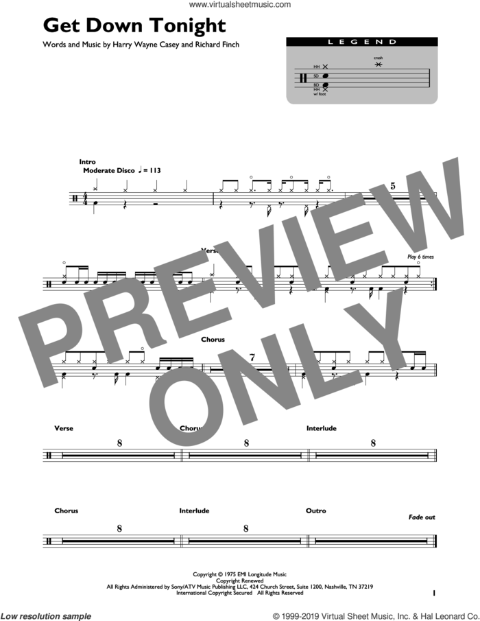 Get Down Tonight sheet music for drums (percussions) by Harry Wayne Casey, KC & The Sunshine Band and Richard Finch, intermediate skill level