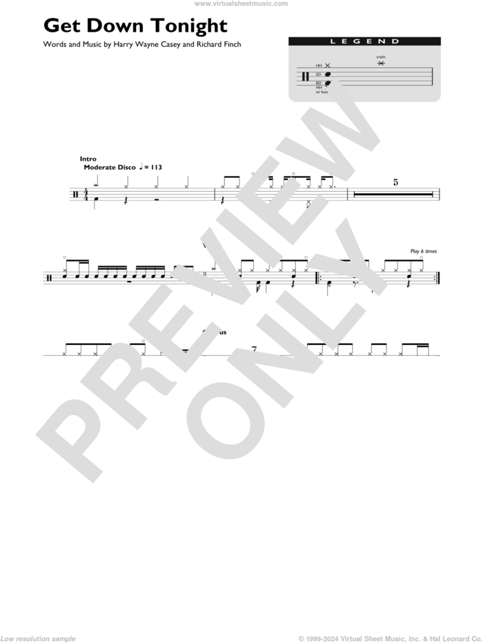 Get Down Tonight sheet music for drums (percussions) by Harry Wayne Casey, KC & The Sunshine Band and Richard Finch, intermediate skill level