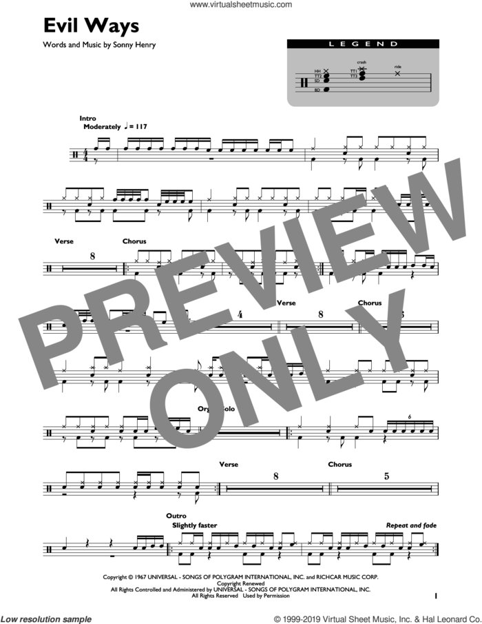 Evil Ways sheet music for drums (percussions) by Carlos Santana and Sonny Henry, intermediate skill level