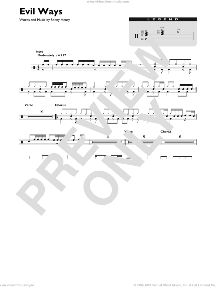 Evil Ways sheet music for drums (percussions) by Carlos Santana and Sonny Henry, intermediate skill level