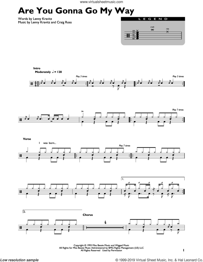 Are You Gonna Go My Way sheet music for drums (percussions) by Lenny Kravitz and Craig Ross, intermediate skill level