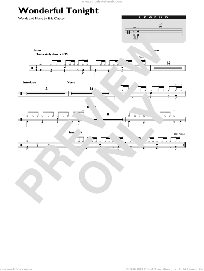 Wonderful Tonight sheet music for drums (percussions) by Eric Clapton, wedding score, intermediate skill level