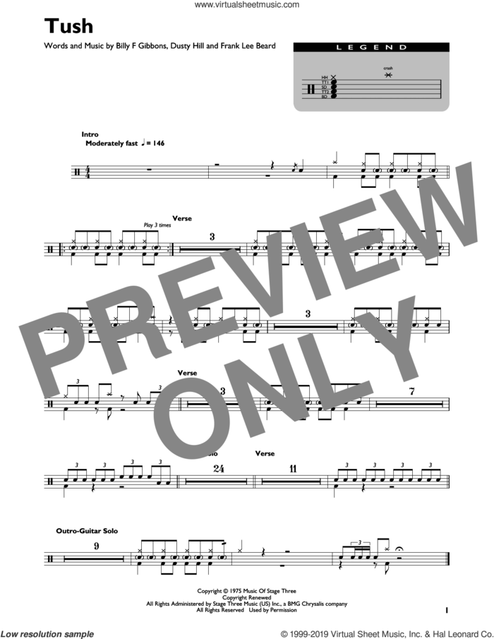 Tush sheet music for drums (percussions) by ZZ Top, Billy Gibbons, Dusty Hill and Frank Beard, intermediate skill level