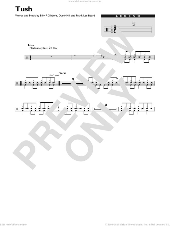 Tush sheet music for drums (percussions) by ZZ Top, Billy Gibbons, Dusty Hill and Frank Beard, intermediate skill level