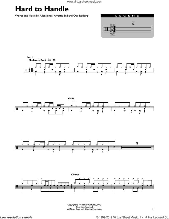 Hard To Handle sheet music for drums (percussions) by The Black Crowes, Allen Jones, Alvertis Bell and Otis Redding, intermediate skill level