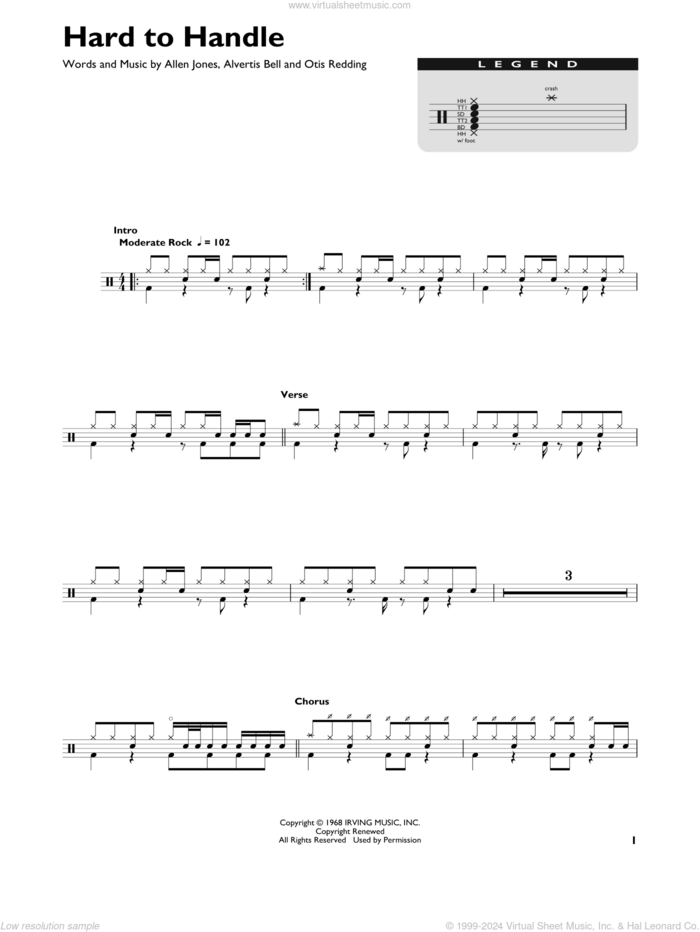 Hard To Handle sheet music for drums (percussions) by The Black Crowes, Allen Jones, Alvertis Bell and Otis Redding, intermediate skill level