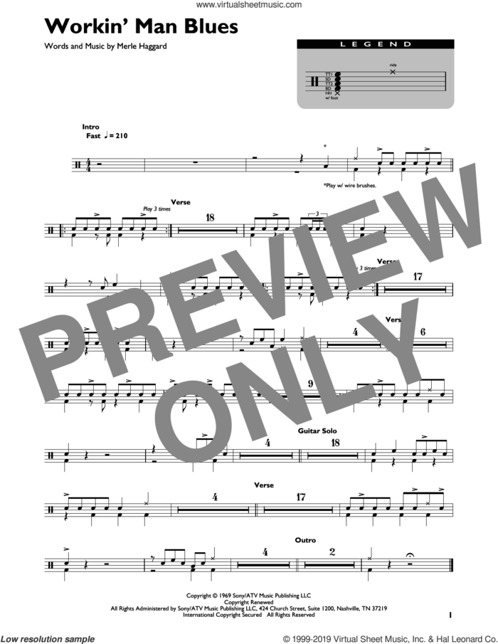 Workin' Man Blues sheet music for drums (percussions) by Merle Haggard, intermediate skill level