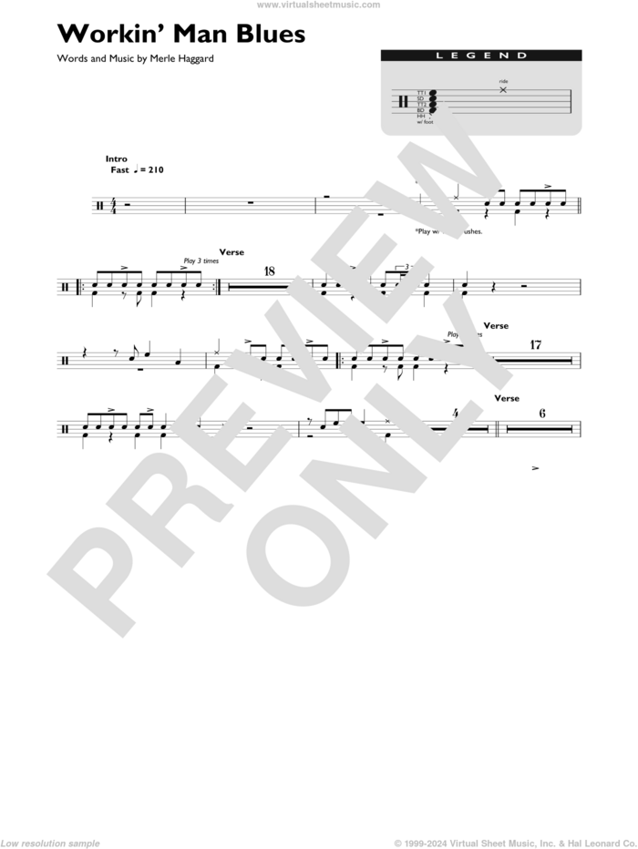 Workin' Man Blues sheet music for drums (percussions) by Merle Haggard, intermediate skill level