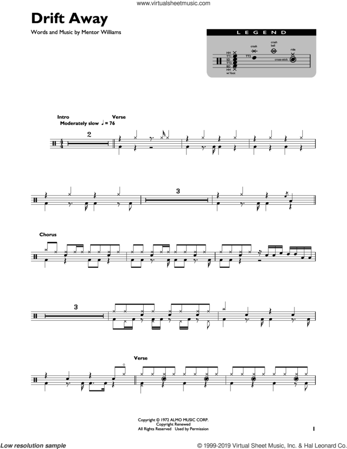 Drift Away (feat. Dobie Gray) sheet music for drums (percussions) by Uncle Kracker, Dobie Gray, Uncle Kracker featuring Dobie Gray and Mentor Williams, intermediate skill level