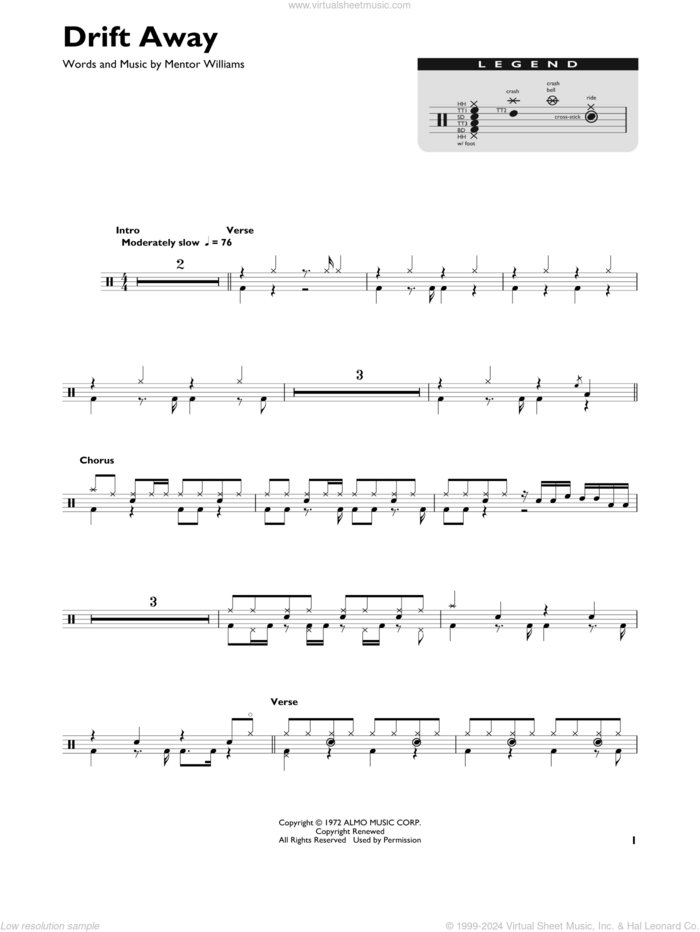 Drift Away (feat. Dobie Gray) sheet music for drums (percussions) by Uncle Kracker, Dobie Gray, Uncle Kracker featuring Dobie Gray and Mentor Williams, intermediate skill level