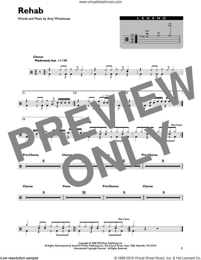 Rehab sheet music for drums (percussions) by Amy Winehouse, intermediate skill level