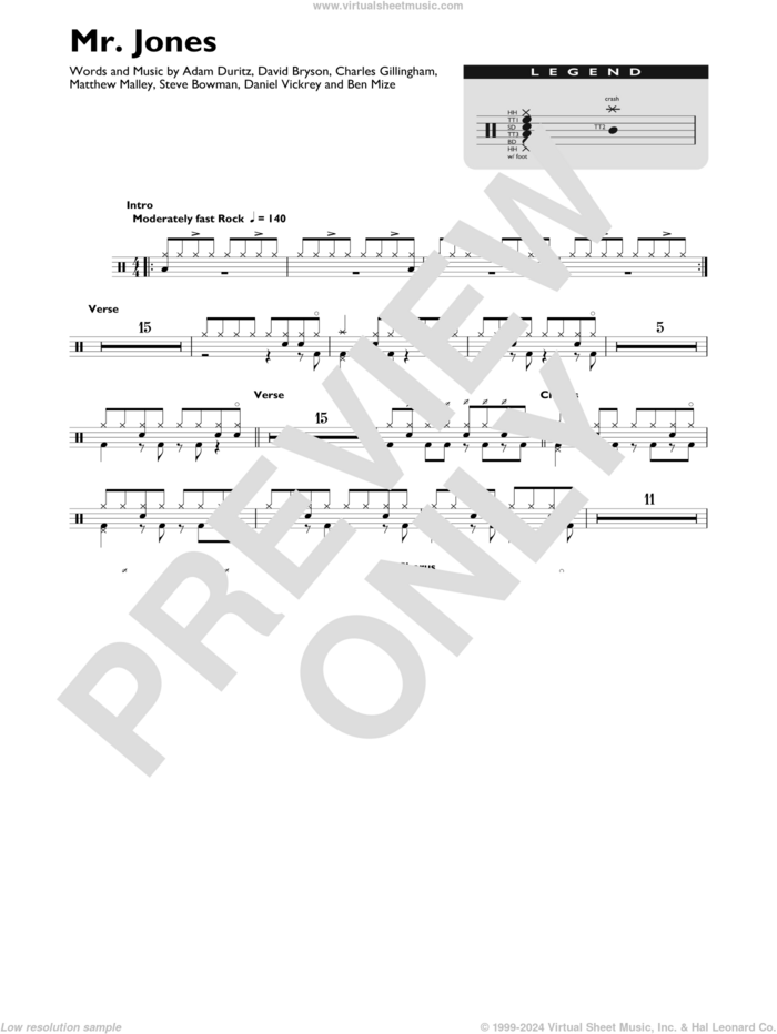 Mr. Jones sheet music for drums (percussions) by Counting Crows, Adam Duritz, Ben Mize, Charles Gillingham, Dan Vickrey, David Bryson, Matthew Malley and Steve Bowman, intermediate skill level