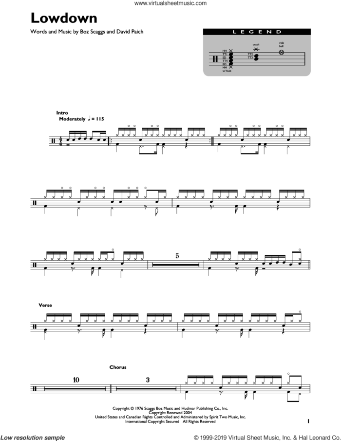Lowdown sheet music for drums (percussions) by Boz Scaggs and David Paich, intermediate skill level