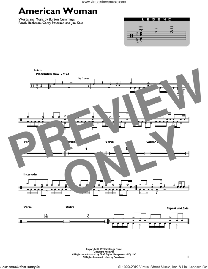 American Woman sheet music for drums (percussions) by The Guess Who, Burton Cummings, Garry Peterson, Jim Kale and Randy Bachman, intermediate skill level
