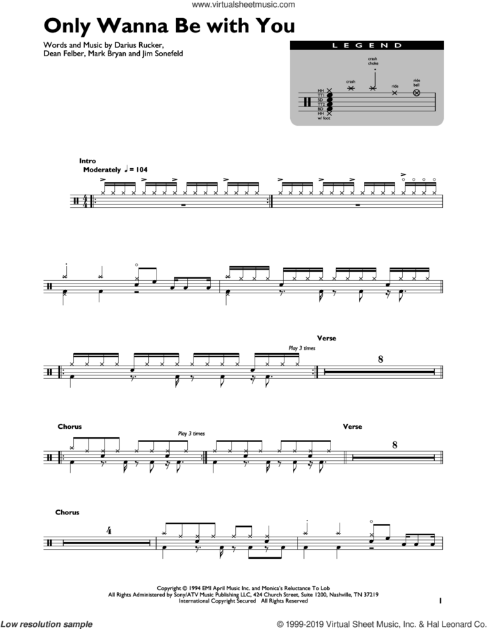 Only Wanna Be With You sheet music for drums (percussions) by Hootie & The Blowfish, Darius Carlos Rucker, Everett Dean Felber, James George Sonefeld and Mark William Bryan, intermediate skill level