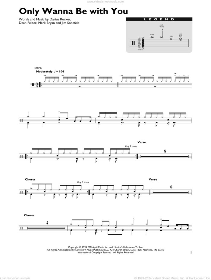 Only Wanna Be With You sheet music for drums (percussions) by Hootie & The Blowfish, Darius Carlos Rucker, Everett Dean Felber, James George Sonefeld and Mark William Bryan, intermediate skill level