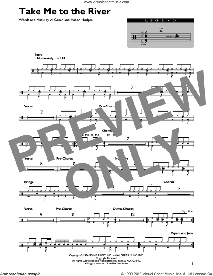 Take Me To The River sheet music for drums (percussions) by Al Green and Mabon Hodges, intermediate skill level