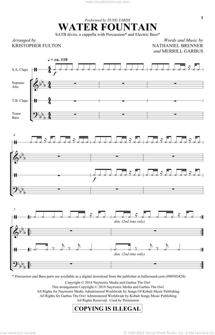 Water Fountain (arr. Kristopher Fulton) sheet music for choir (SATB: soprano, alto, tenor, bass) by Tune-Yards, Kristopher Fulton, Merrill Garbus and Nathaniel Brenner, intermediate skill level