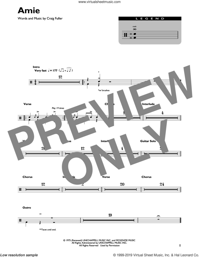 Amie sheet music for drums (percussions) by Pure Prairie League and Craig Fuller, intermediate skill level