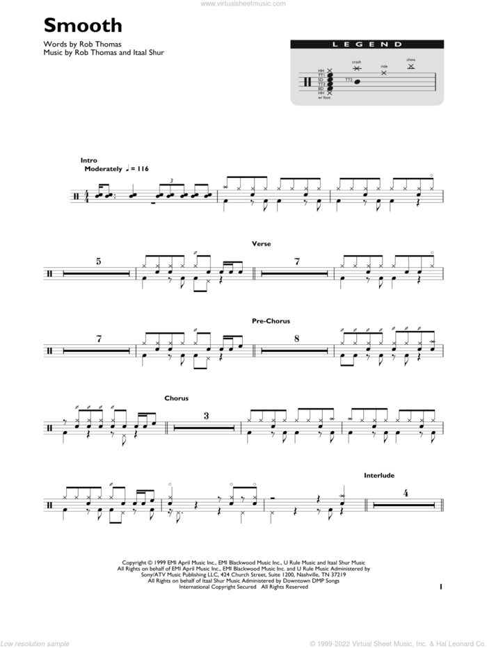 Smooth (feat. Rob Thomas) sheet music for drums (percussions) by Rob Thomas, Carlos Santana and Itaal Shur, intermediate skill level