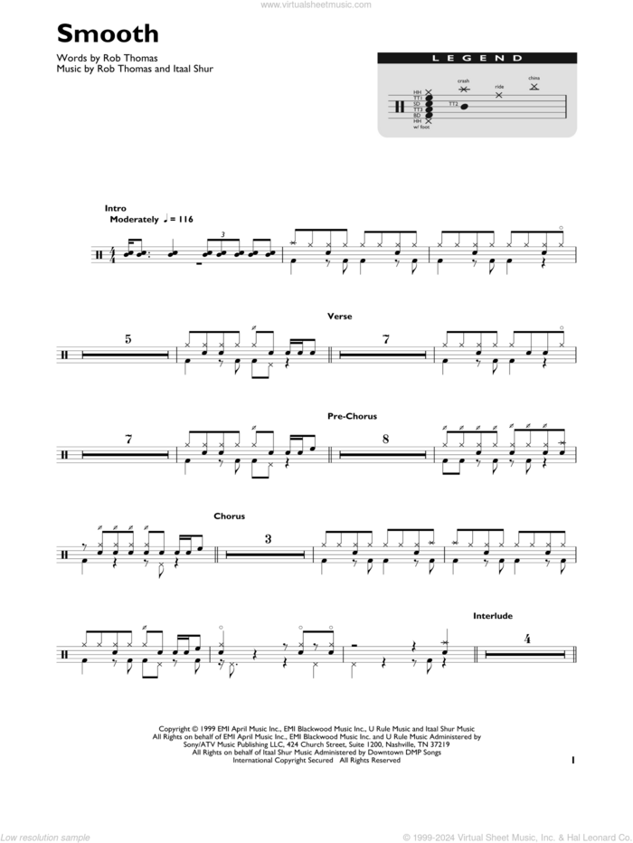 Smooth (feat. Rob Thomas) sheet music for drums (percussions) by Rob Thomas, Carlos Santana and Itaal Shur, intermediate skill level