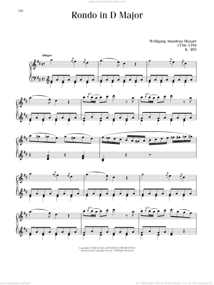 Rondo In D Major, K. 485 sheet music for piano solo by Wolfgang Amadeus Mozart, classical score, intermediate skill level