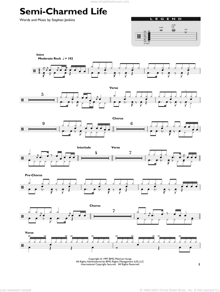 Semi-Charmed Life sheet music for drums (percussions) by Third Eye Blind and Stephan Jenkins, intermediate skill level