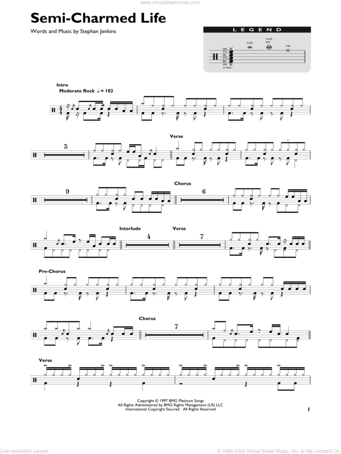 Semi-Charmed Life sheet music for drums (percussions) by Third Eye Blind and Stephan Jenkins, intermediate skill level